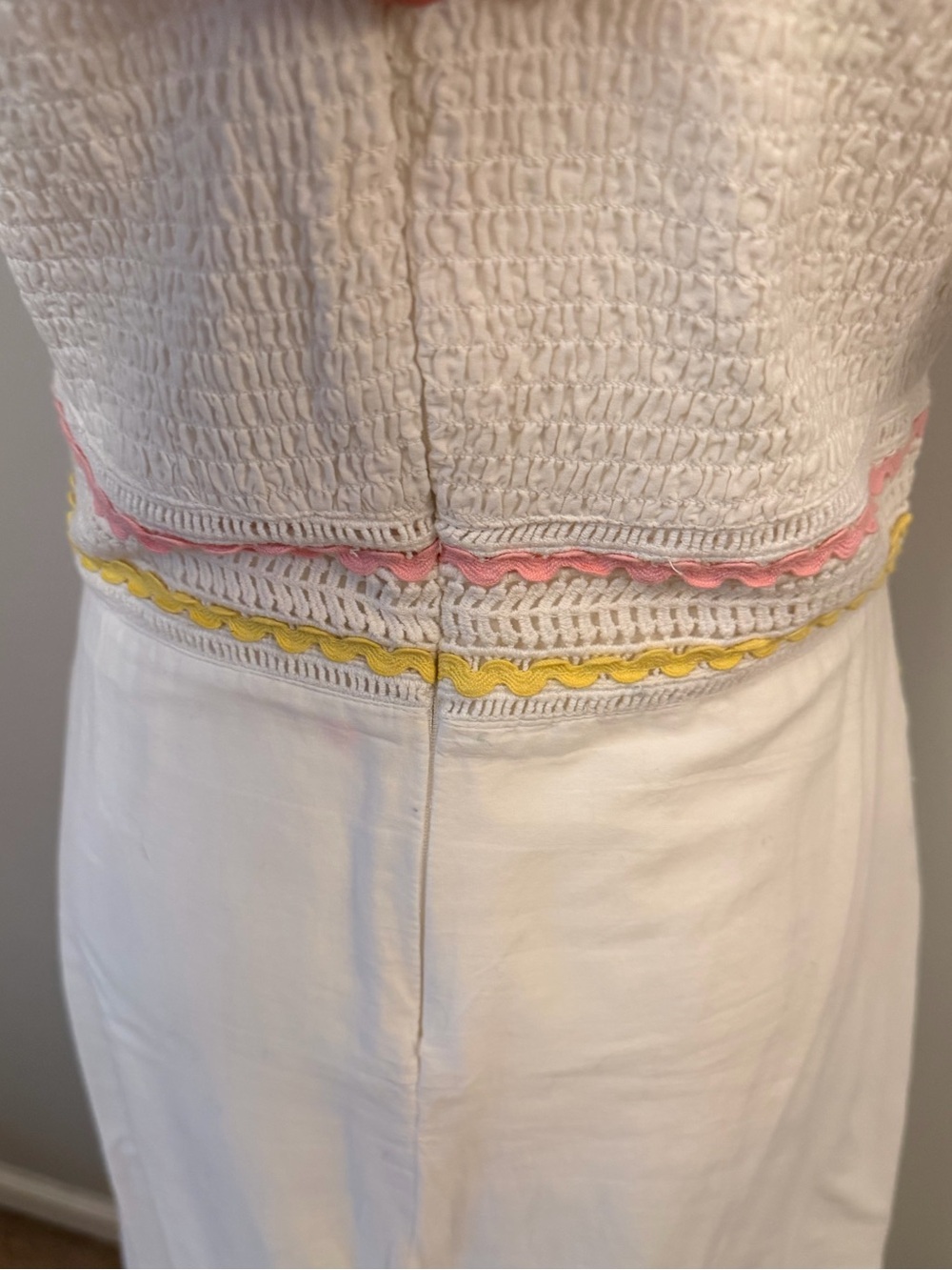 Boheme White Maxi Dress. Eyelet Embroidery and Blush/Yellow Trim - Picture 7 of 16